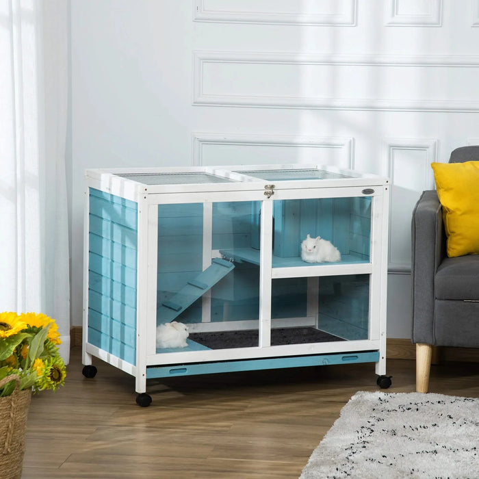 PawHut Indoor Rabbit Hutch with Wheels, Desk and Side Table Sized, Wood Rabbit Cage, Waterproof Small Rabbit Cage, Light Blue Default -DTYStore
