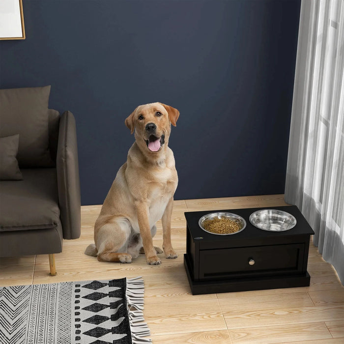 PawHut Large Elevated Dog Bowls with Storage Drawer Containing 11L Capacity, Raised Dog Bowl Stand Pet Food Bowl Dog Feeding Station, Black- DTY Store