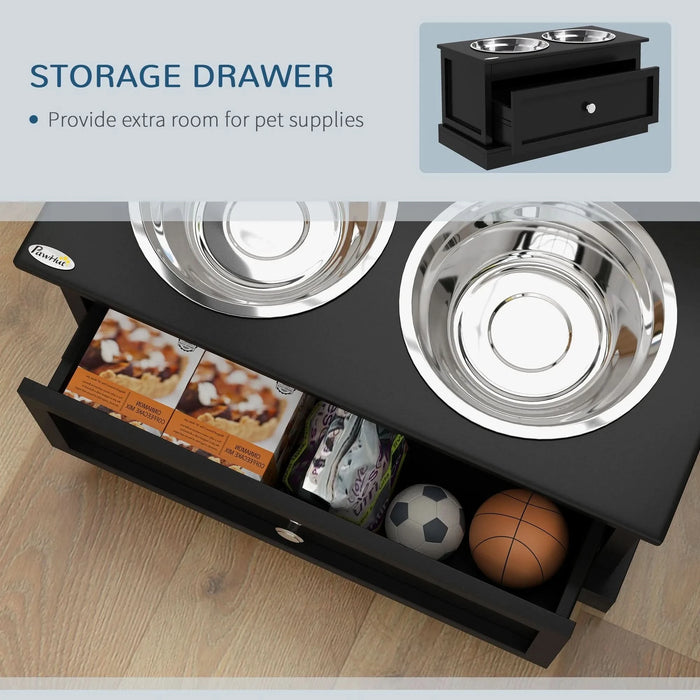 PawHut Large Elevated Dog Bowls with Storage Drawer Containing 11L Capacity, Raised Dog Bowl Stand Pet Food Bowl Dog Feeding Station, Black    DTYStore