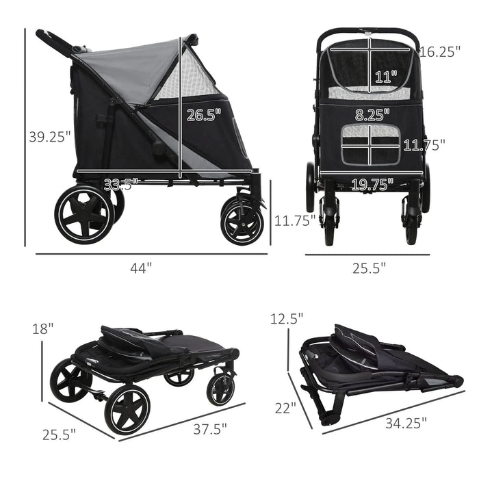 PawHut One-Click Foldable Doggy Stroller for Medium Large Dogs, Pet Stroller with Storage, Smooth Ride with Shock Absorption, Mesh Window, Safety Leash, Big Dog Walking Stroller, Gray - DTY Store