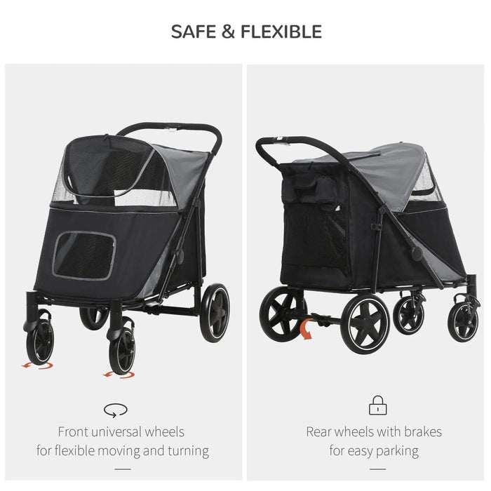 PawHut One-Click Foldable Doggy Stroller for Medium Large Dogs, Pet Stroller with Storage, Smooth Ride with Shock Absorption, Mesh Window, Safety Leash, Big Dog Walking Stroller, Gray- DTY Store