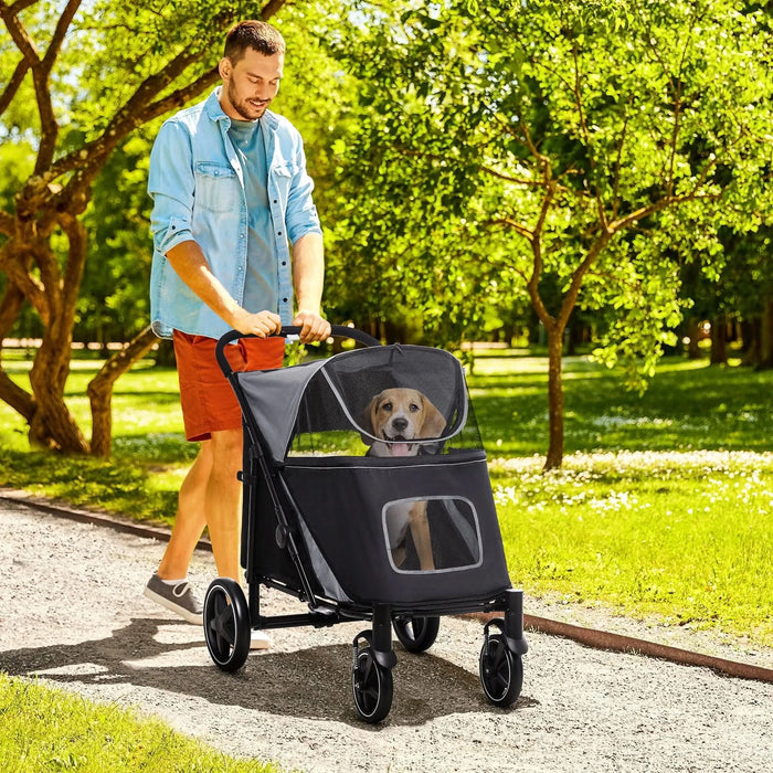 PawHut One-Click Foldable Doggy Stroller for Medium Large Dogs, Pet Stroller with Storage, Smooth Ride with Shock Absorption, Mesh Window, Safety Leash, Big Dog Walking Stroller, Gray - DTY Store