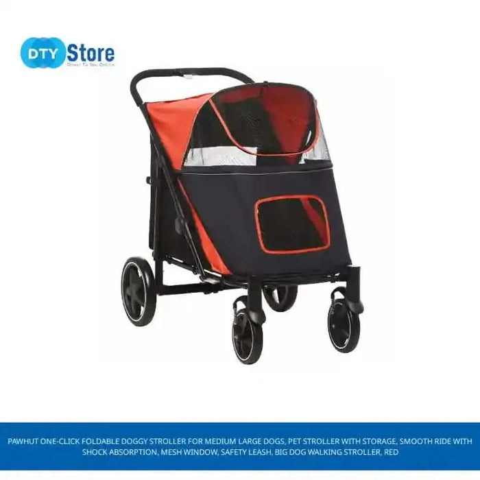 PawHut One-Click Foldable Doggy Stroller for Medium Large Dogs, Pet Stroller with Storage, Smooth Ride with Shock Absorption, Mesh Window, Safety Leash, Big Dog Walking Stroller, Red Default -DTYStore