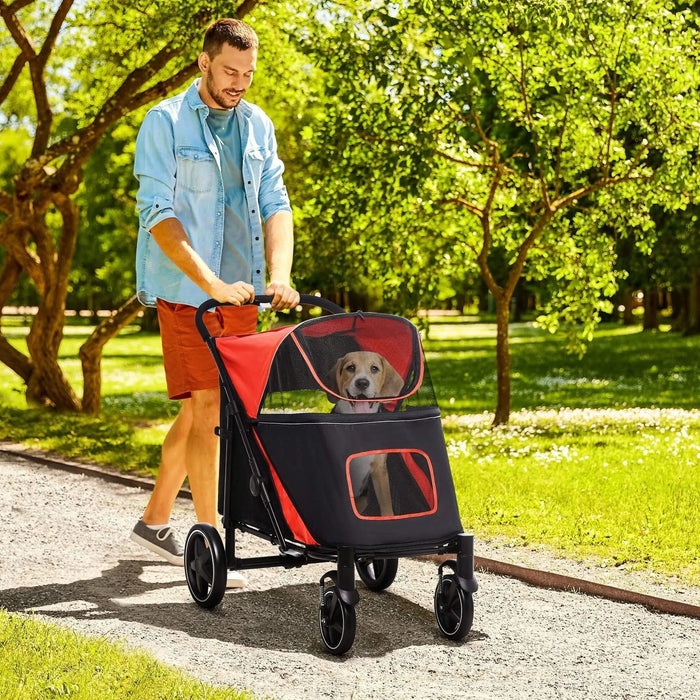 PawHut One-Click Foldable Doggy Stroller for Medium Large Dogs, Pet Stroller with Storage, Smooth Ride with Shock Absorption, Mesh Window, Safety Leash, Big Dog Walking Stroller, Red Default -DTYStore