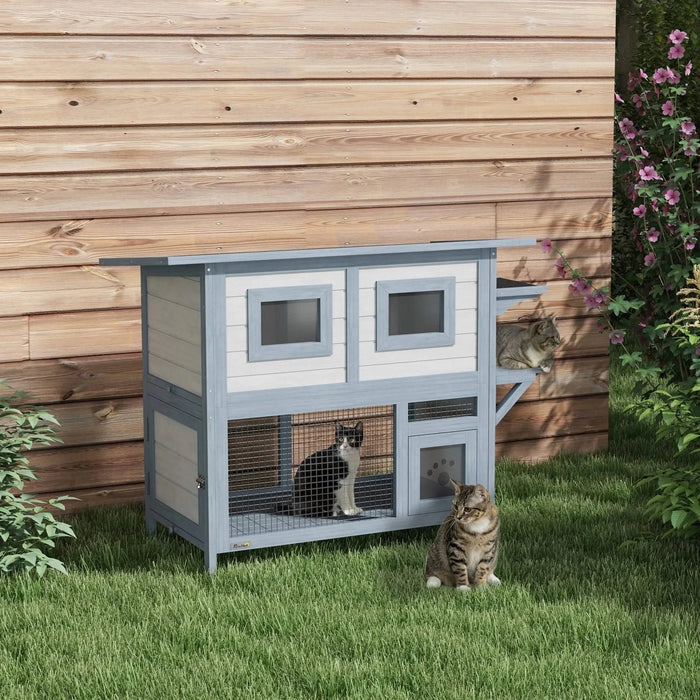 PawHut Outdoor Cat House, 2 Tier Weatherproof Feral Cat Shelter with Escape Door, Asphalt Roof, Jump Platform, Large Wooden Cat House for Outside, Backyard, Light Gray Default -DTYStore
