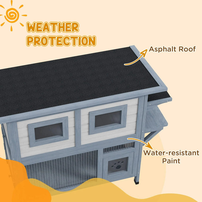 PawHut Outdoor Cat House, 2 Tier Weatherproof Feral Cat Shelter with Escape Door, Asphalt Roof, Jump Platform, Large Wooden Cat House for Outside, Backyard, Light Gray Default -DTYStore