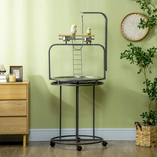 PawHut Parrot Stand Large Bird Perch Stand with Toy Hook & 3 Ladders, Parrot Perch with Easy Grip, Bird Wooden Stand, Gray Default -DTYStore