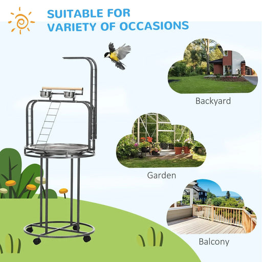 PawHut Parrot Stand Large Bird Perch Stand with Toy Hook & 3 Ladders, Parrot Perch with Easy Grip, Bird Wooden Stand, Gray Default -DTYStore