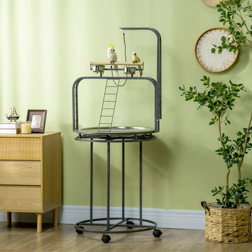 PawHut Parrot Stand Large Bird Perch Stand with Toy Hook & 3 Ladders, Parrot Perch with Easy Grip, Bird Wooden Stand, Gray Default -DTYStore