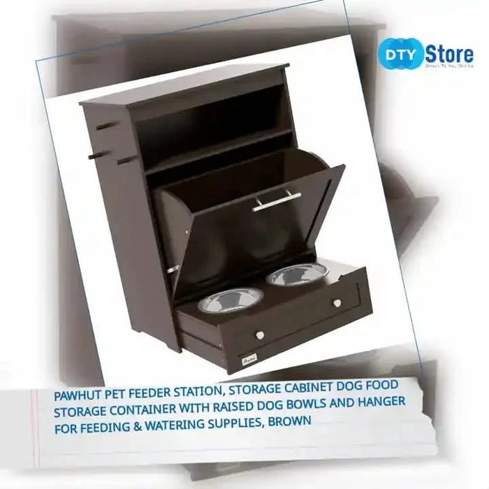 PawHut Pet Feeder Station, Storage Cabinet Dog Food Storage Container with Raised Dog Bowls and Hanger for Feeding & Watering Supplies, Brown Default -DTYStore