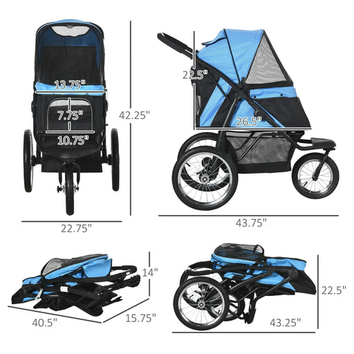 PawHut Pet Stroller for Small and Medium Dogs, 3 Big Wheels Foldable Cat Stroller with Adjustable Canopy, Safety Tether, Storage Basket, Blue Default -DTYStore