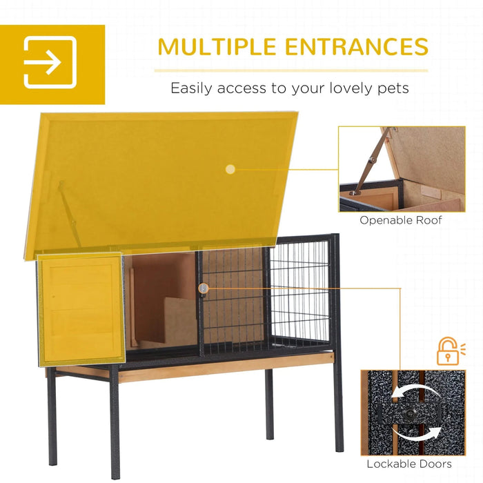 PawHut Rabbit Hutch Elevated Bunny Cage Small Animal Habitat with Metal Frame, No Leak Tray, Mtetal Wire Pan and Openable Water-Resistant Asphalt Roof for Indoor/Outdoor Natural Wood Default -DTYStore
