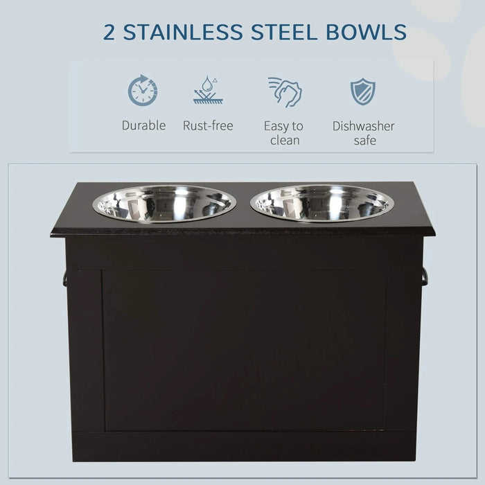 PawHut Raised Pet Feeding Storage Station with 2 Stainless Steel Bowls Base for Large Dogs and Other Large Pets, Dark Brown Default -DTYStore
