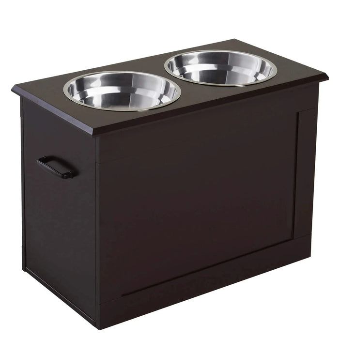 PawHut Raised Pet Feeding Storage Station with 2 Stainless Steel Bowls Base for Large Dogs and Other Large Pets, Dark Brown Default -DTYStore