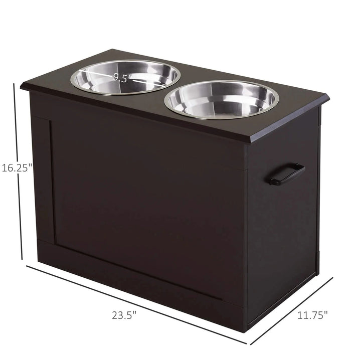 PawHut Raised Pet Feeding Storage Station with 2 Stainless Steel Bowls Base for Large Dogs and Other Large Pets, Dark Brown Default -DTYStore
