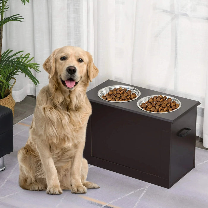 PawHut Raised Pet Feeding Storage Station with 2 Stainless Steel Bowls Base for Large Dogs and Other Large Pets, Dark Brown Default -DTYStore