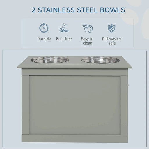 PawHut Raised Pet Feeding Storage Station with 2 Stainless Steel Bowls Base for Large Dogs and Other Large Pets, Gray Default -DTYStore