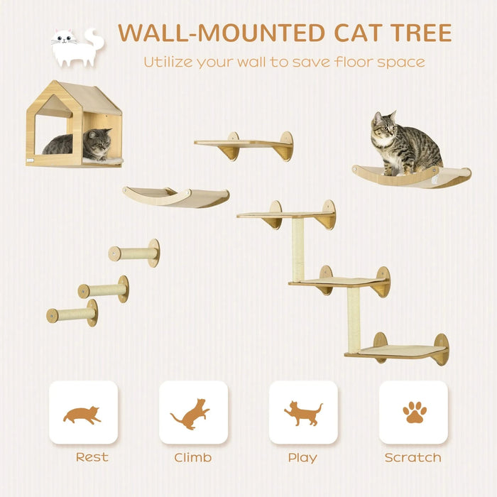 PawHut Unique Cat Tree Made From Cat Shelves with 10 Levels for More Height, Wall-Mounted Cat Tree Climbing Playground with Cat Hammocks, Modern Cat Tree Default -DTYStore