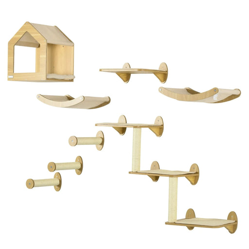 PawHut Unique Cat Tree Made From Cat Shelves with 10 Levels for More Height, Wall-Mounted Cat Tree Climbing Playground with Cat Hammocks, Modern Cat Tree Default -DTYStore