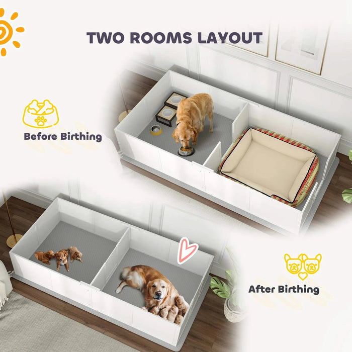 PawHut Whelping Box for Dogs and Puppies, Dog Whelping Box with Washable Waterproof Pee Pad & Adjustable Door for Large, Medium and Small Dogs, White, 96' x 47' x 19' Default -DTYStore