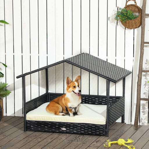 PawHut Wicker Dog House Outdoor with Canopy, Rattan Dog Bed with Water-resistant Cushion, for Small and Medium Dogs, Cream White Default -DTYStore