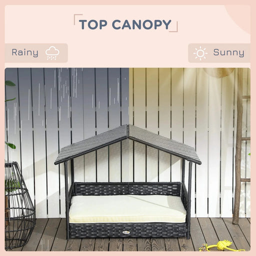 PawHut Wicker Dog House Outdoor with Canopy, Rattan Dog Bed with Water-resistant Cushion, for Small and Medium Dogs, Cream White Default -DTYStore