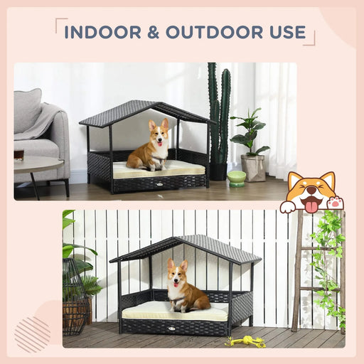 PawHut Wicker Dog House Outdoor with Canopy, Rattan Dog Bed with Water-resistant Cushion, for Small and Medium Dogs, Cream White Default -DTYStore