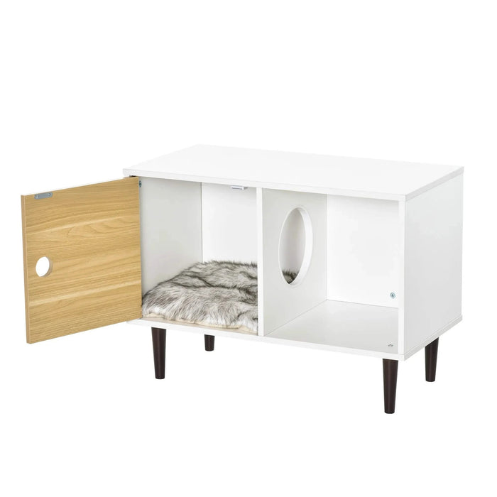 PawHut Wooden Cat House with Soft Cushion, Decorative Kitten Condo Side Table, Elevated Pet House with Storage Space Default -DTYStore