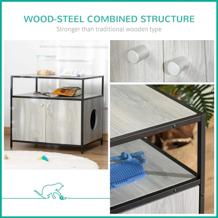 PawHut Wooden Cat Litter Box Enclosure, Hidden Kitten Washroom, Indoor End Table with Magnetic Doors & Storage Shelves, Gray Default -DTYStore