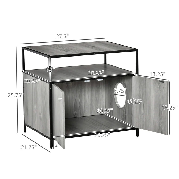 PawHut Wooden Cat Litter Box Enclosure, Hidden Kitten Washroom, Indoor End Table with Magnetic Doors & Storage Shelves, Gray Default -DTYStore