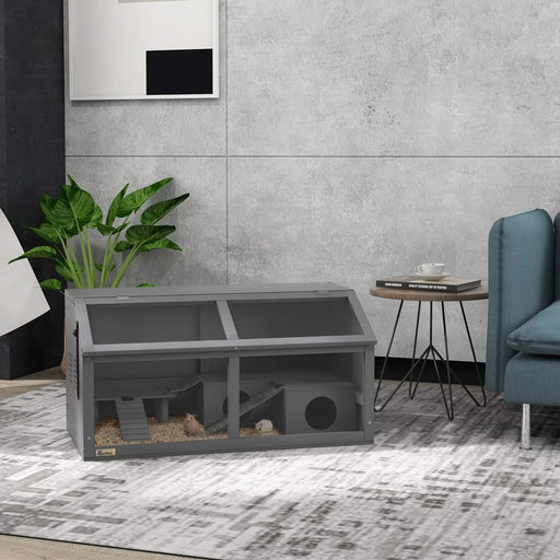 PawHut Wooden Hamster Cage, Hamster Habitat, Small Animal Cage Playhouse for Gerbils Mice with Suspension Bridge, Ladders, Openable Top, Hut, 33.5' x 18' x 17' Default -DTYStore