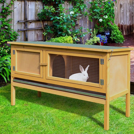 PawHut Wooden Rabbit Hutch Bunny Cage with Openable Waterproof Roof, No Leak Tray Sturdy Fir Wood Build for Indoor/Outdoor Default -DTYStore