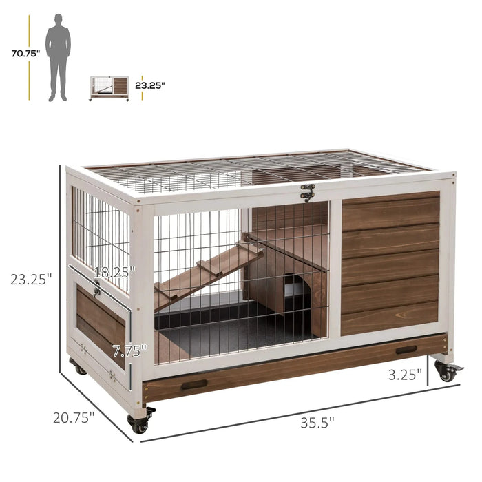 PawHut Wooden Rabbit Hutch Indoor Outdoor, Elevated Bunny Cage with No Leak Tray Enclosed Run with Wheels, Ideal for Guinea Pigs and Small Animals, Brown Default -DTYStore