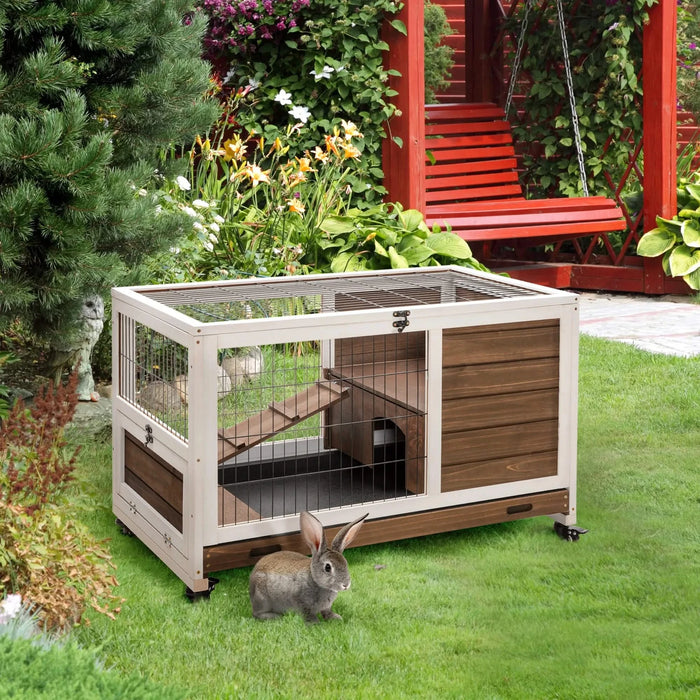 PawHut Wooden Rabbit Hutch Indoor Outdoor, Elevated Bunny Cage with No Leak Tray Enclosed Run with Wheels, Ideal for Guinea Pigs and Small Animals, Brown Default -DTYStore