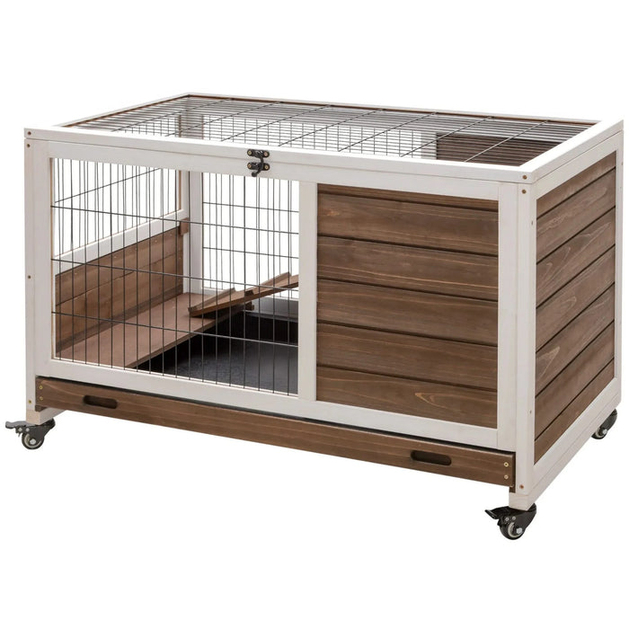 PawHut Wooden Rabbit Hutch Indoor Outdoor, Elevated Bunny Cage with No Leak Tray Enclosed Run with Wheels, Ideal for Guinea Pigs and Small Animals, Brown Default -DTYStore