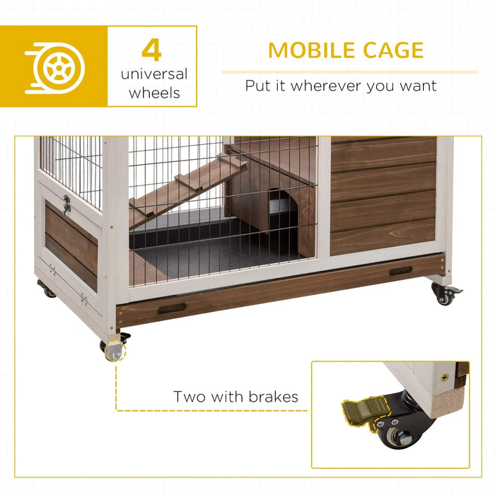 PawHut Wooden Rabbit Hutch Indoor Outdoor, Elevated Bunny Cage with No Leak Tray Enclosed Run with Wheels, Ideal for Guinea Pigs and Small Animals, Brown Default -DTYStore