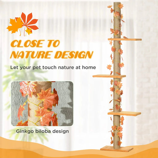 Pawhut Floor to Ceiling Cat Tree, 80' - 95' Adjustable Tall Cat Tower, 3-Level Cat Climbing Towe for Indoor Cats with Sisal Scratching Post, Platforms, Leaves, Orange Default -DTYStore