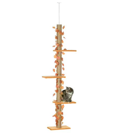 Pawhut Floor to Ceiling Cat Tree, 80' - 95' Adjustable Tall Cat Tower, 3-Level Cat Climbing Towe for Indoor Cats with Sisal Scratching Post, Platforms, Leaves, Orange Default -DTYStore