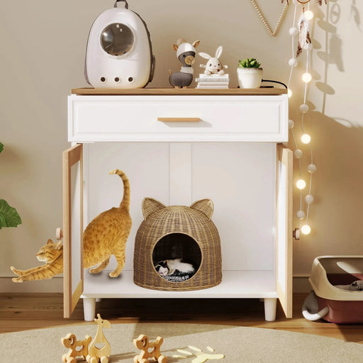 Pet-Friendly Furniture Style Cat Litter Box House with Sisal Scratching Door and Charging Socket, Beige+White MDF Default -DTYStore