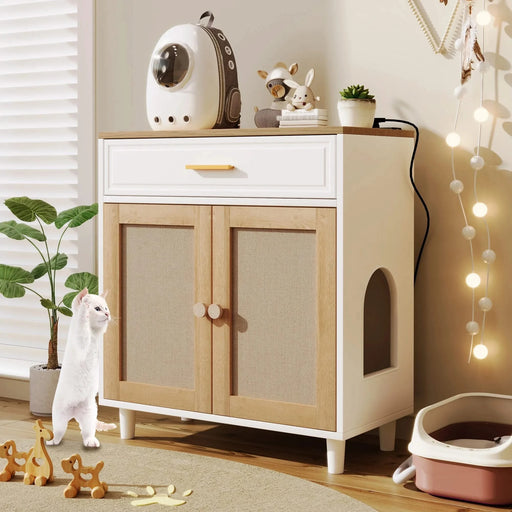 Pet-Friendly Furniture Style Cat Litter Box House with Sisal Scratching Door and Charging Socket, Beige+White MDF Default -DTYStore