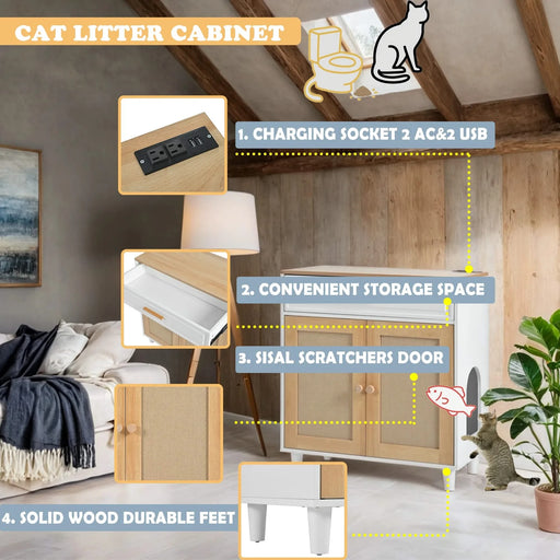 Pet-Friendly Furniture Style Cat Litter Box House with Sisal Scratching Door and Charging Socket, Beige+White MDF Default -DTYStore