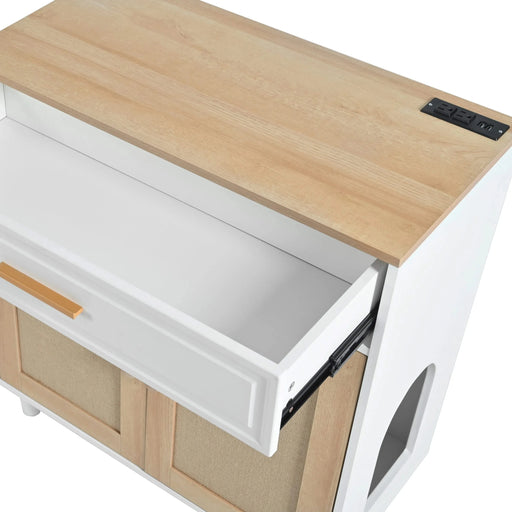Pet-Friendly Furniture Style Cat Litter Box House with Sisal Scratching Door and Charging Socket, Beige+White MDF Default -DTYStore