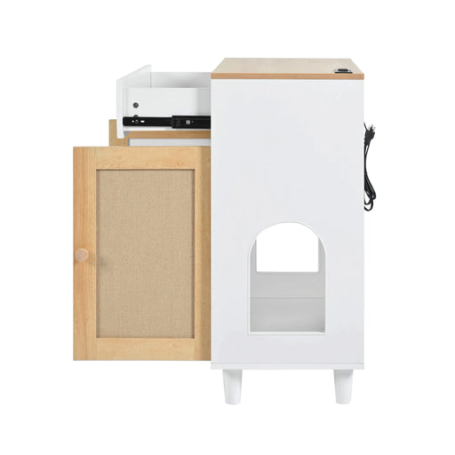 Pet-Friendly Furniture Style Cat Litter Box House with Sisal Scratching Door and Charging Socket, Beige+White MDF Default -DTYStore