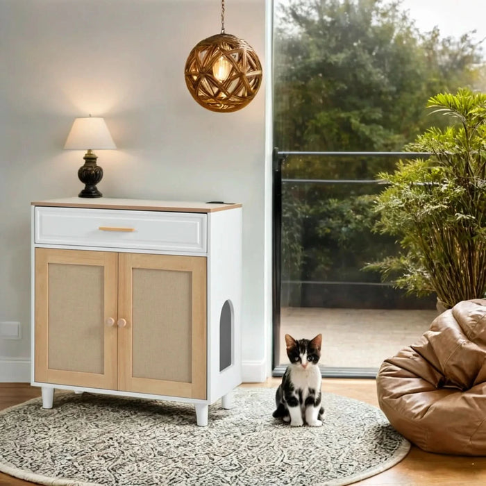 Pet-Friendly Furniture Style Cat Litter Box House with Sisal Scratching Door and Charging Socket, Beige+White MDF - DTY Store