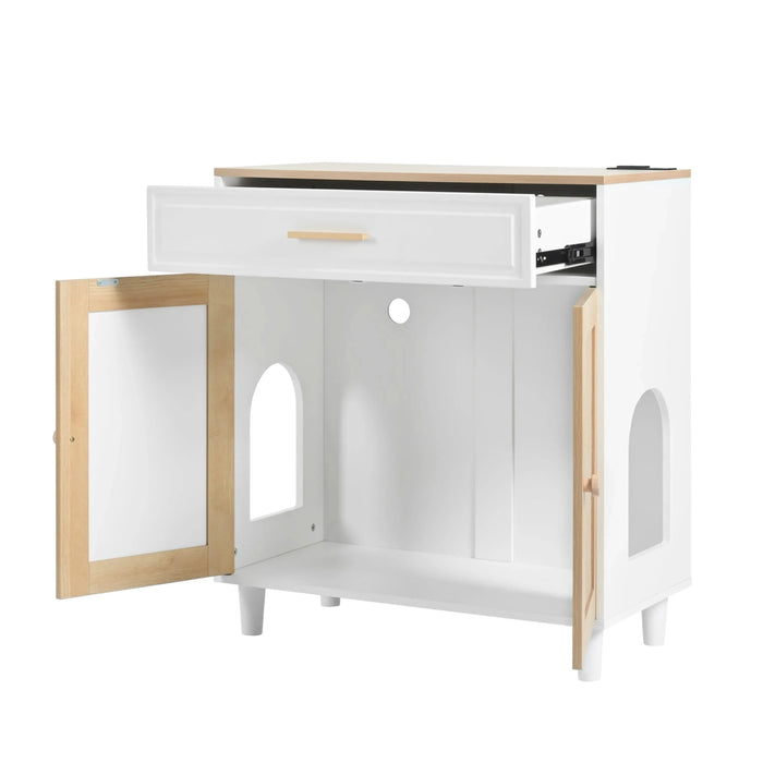 Pet-Friendly Furniture Style Cat Litter Box House with Sisal Scratching Door and Charging Socket, Beige+White MDF- DTY Store