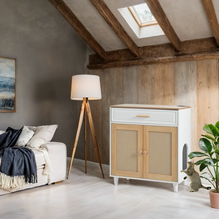 Pet-Friendly Furniture Style Cat Litter Box House with Sisal Scratching Door and Charging Socket, Beige+White MDF - DTY Store
