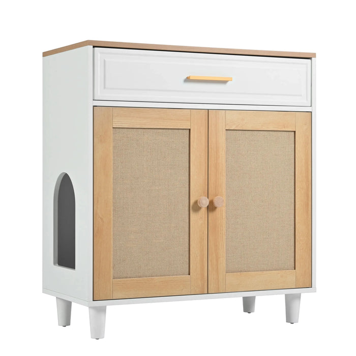 Pet-Friendly Furniture Style Cat Litter Box House with Sisal Scratching Door and Charging Socket, Beige+White MDF - DTY Store