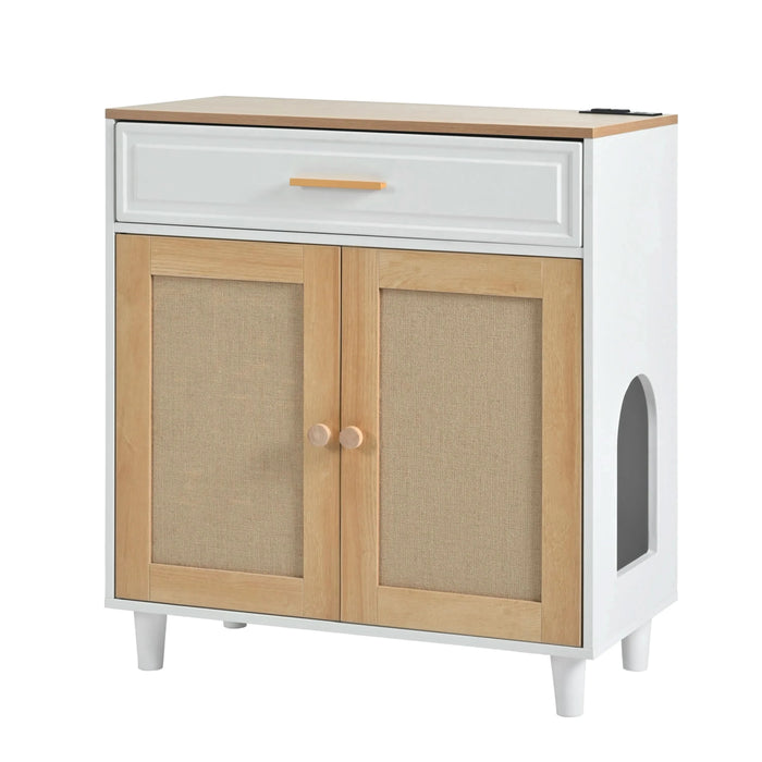 Pet-Friendly Furniture Style Cat Litter Box House with Sisal Scratching Door and Charging Socket, Beige+White MDF - DTY Store
