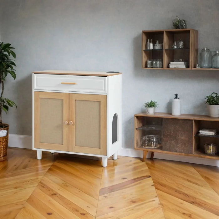 Pet-Friendly Furniture Style Cat Litter Box House with Sisal Scratching Door and Charging Socket, Beige+White MDF - DTY Store
