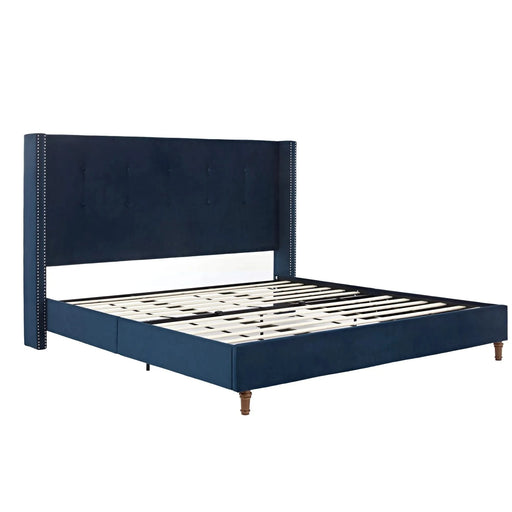 Peyton Upholstered King Bed with 54' High Headboard and Nailhead Trim Wingback in Blue Velvet, No Box Spring Needed Default -DTYStore